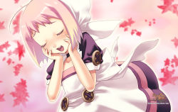 Rule 34 | 10s, 1girl, 2010, agarest senki, agarest senki (series), blonde hair, choker, company name, copyright name, dress, closed eyes, gradient hair, hands on own cheeks, hands on own face, highres, hirano katsuyuki, multicolored hair, official art, pink background, pink hair, plum (agarest senki), short hair, smile, solo