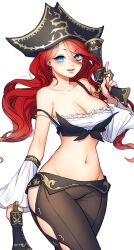 Rule 34 | 1girl, bad id, bad pixiv id, bare shoulders, blue eyes, breasts, cleavage, dual wielding, gun, hat, highres, holding, hsn4444, large breasts, league of legends, light smile, long hair, looking at viewer, midriff, miss fortune (league of legends), navel, pirate hat, red hair, solo, wavy hair, weapon