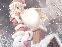 Rule 34 | 1girl, bad id, bad pixiv id, blonde hair, blue eyes, blush, boots, chimney, christmas, francis de lariatte, gloves, hat, long hair, looking at viewer, open mouth, original, pantyhose, sack, santa costume, santa hat, sky, smile, snow, solo, white pantyhose