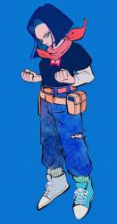Rule 34 | 1boy, android 17, belt, black hair, black shirt, blue background, blue eyes, blue pants, clenched hands, denim, dragon ball, dragonball z, full body, highres, jeans, layered sleeves, long sleeves, looking at viewer, male focus, medium hair, pants, red scarf, scarf, shirt, shoes, short over long sleeves, short sleeves, simple background, smile, solo, torn clothes, torn jeans, torn pants, uzuta