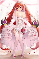 Rule 34 | 1girl, absurdres, bouquet, breasts, bridal gauntlets, bridal veil, bride, cleavage, dress, elbow gloves, flower, full body, garter straps, gloves, hair between eyes, high heels, highres, large breasts, last origin, long hair, looking at viewer, may of doom, no bra, purple eyes, red hair, solo, standing, strapless, strapless dress, thighhighs, twintails, veil, very long hair, wedding dress, white dress, yuchae