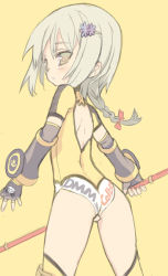 Rule 34 | 10s, 1girl, ad, alternate costume, arm warmers, armor, ass, back, back cutout, bad id, bad pixiv id, blade (galaxist), blonde hair, blush, bodysuit, bow, braid, clothes writing, clothing cutout, cowboy shot, elbow gloves, expressionless, fingerless gloves, flat chest, from behind, gloves, hair bow, hair ornament, hairclip, holding, holding weapon, huang baoling, leotard, long hair, looking at viewer, looking back, polearm, short hair, silver hair, simple background, single braid, solo, thighhighs, tiger &amp; bunny, turtleneck, vambraces, watermark, weapon, web address, yellow background, yellow eyes, yellow thighhighs