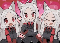 Rule 34 | &gt; &lt;, 3girls, :q, animal ears, black gloves, black neckwear, blouse, blush, breasts, cerberus (helltaker), closed eyes, demon tail, dog biscuit, dog ears, dog treat, fang, fang out, gloves, grey hair, heart, helltaker, large breasts, long hair, long sleeves, multiple girls, necktie, open mouth, pet food, red eyes, red shirt, sakutake (ue3sayu), shirt, siblings, simple background, sisters, smile, sweat, tail, tongue, tongue out, upper body, vest, waistcoat