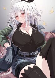 Rule 34 | 1girl, absurdres, ahoge, angelfish, arknights, belt, black shirt, black thighhighs, breasts, cleavage, collarbone, fish, gloves, gradient background, green jacket, grey background, grey gloves, grey shorts, highres, jacket, jewelry, kokihanada, large breasts, long hair, long sleeves, looking at viewer, necklace, official alternate costume, one side up, open clothes, open jacket, parted lips, red eyes, shirt, short shorts, shorts, skadi (arknights), skadi (the next afternoon tea) (arknights), solo, thighhighs, white hair