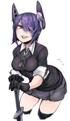 Rule 34 | 10s, 1girl, eyepatch, gloves, headgear, highres, kantai collection, looking at viewer, necktie, purple hair, sharp teeth, short hair, sigama, simple background, skirt, solo, sword, teeth, tenryuu (kancolle), weapon, white background, yellow eyes