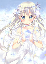 Rule 34 | 1girl, blue eyes, blush, bracelet, collarbone, dress, earrings, ech, fairy, fairy wings, flower, grey eyes, hair flower, hair ornament, hair ribbon, highres, jewelry, long hair, looking at viewer, lots of jewelry, necklace, original, pointy ears, revision, ribbon, silver hair, smile, solo, very long hair, white dress, wings