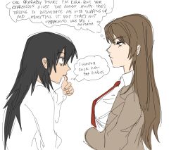 2girls absurdres black_hair breasts brown_hair brown_jacket collared_shirt death_note english_text from_side genderswap genderswap_(mtf) highres jacket l_(death_note) long_hair long_sleeves looking_at_another multiple_girls necktie red_necktie shirt sketch thumb_to_mouth white_shirt y4ntaoist yagami_light yuri