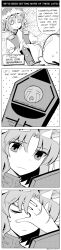 Rule 34 | 1girl, 4koma, boa (brianoa), character name, closed eyes, comic, emoji, english text, facepalm, gloom (expression), hat, hat ribbon, highres, hitodama, holding, lolibaba, long image, long sleeves, monochrome, parted bangs, ribbon, rod of remorse, shiki eiki, short hair, smile, speech bubble, sweatdrop, tall image, touhou, twitter username, vest, wide sleeves