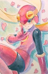 Rule 34 | 1girl, arm support, blonde hair, bodysuit, boots, capcom, elbow gloves, gloves, green eyes, heart, helmet, highres, index finger raised, leaning back, long hair, mega man (series), mega man battle network, mega man battle network (series), mota cocotei, one eye closed, pink footwear, pink gloves, roll.exe (mega man), solo, spandex, thigh boots, thighhighs, traditional media, wink