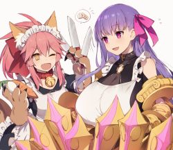 Rule 34 | &gt;;d, 10s, 2girls, :d, ;d, alternate costume, animal ear fluff, animal ears, animal hands, apron, bell, black dress, blush, bow, breasts, bright pupils, buckle, carrot, claws, cleavage, collar, collarbone, daikon, dress, enmaided, fang, fate/extra, fate/extra ccc, fate/grand order, fate (series), flying sweatdrops, food, fox ears, fox tail, gloves, hair ribbon, holding, holding knife, huge breasts, jingle bell, knife, large breasts, long hair, maid, maid headdress, motion lines, multiple girls, muryotaro, neck bell, o-ring, o-ring top, one eye closed, open mouth, passionlip (fate), paw gloves, pink eyes, pink hair, pink ribbon, ponytail, purple eyes, purple hair, radish, red bow, ribbon, simple background, sleeveless, sleeveless dress, smile, speech bubble, spoken food, straight hair, tail, tamamo (fate), tamamo cat (fate), tamamo no mae (fate/extra), thick eyebrows, tsurime, upper body, v-shaped eyebrows, vegetable, very long hair, white apron, white background, yellow eyes
