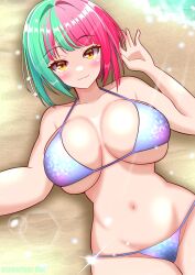 Rule 34 | 1girl, beach, bikini, dolphin wave, green hair, helly lewis, highres, looking at viewer, lying, multicolored hair, pink hair, sand, stoneriver ilst, swimsuit, two-tone hair, yellow eyes
