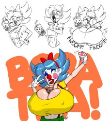 Rule 34 | 1girl, absurdres, aeolus, alternate breast size, aqua eyes, aqua hair, ass, blue hair, breast expansion, breasts, breasts squeezed together, clown, clown girl, denim, drinking, drinking straw, drinking straw in mouth, english text, female focus, giggles (aeolus06), gloves, hair ribbon, high heels, highres, holding, holding phone, large breasts, makeup, midriff, navel, phone, ribbon, seductive smile, selfie, short hair, short shorts, shorts, smile, solo, striped clothes, striped thighhighs, suspender shorts, suspenders, thighhighs, transformation, v, what, white gloves