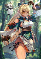 Rule 34 | &gt;:), 1girl, absurdres, almico, blonde hair, breasts, brown gloves, cleavage cutout, closed mouth, clothing cutout, cowboy shot, dark-skinned female, dark skin, detached sleeves, elf, forest, gloves, hair intakes, hair ribbon, high ponytail, highres, hololive, kintsuba (shiranui flare), large breasts, leather, leather gloves, light blush, long hair, looking at viewer, multicolored hair, nature, panties, partially fingerless gloves, pelvic curtain, pointy ears, ribbon, shiranui flare, shiranui flare (old design), shoulder cutout, side-tie panties, side slit, sideboob, single thighhigh, skirt, smile, solo, streaked hair, thighhighs, underbust, underwear, virtual youtuber, white skirt, wide ponytail, wide sleeves