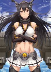 Rule 34 | &gt;:(, 10s, 1girl, black gloves, black hair, black thighhighs, breasts, cleavage, cowboy shot, crossed arms, elbow gloves, fingerless gloves, frown, gloves, hair between eyes, headgear, kantai collection, large breasts, long hair, machinery, miniskirt, nagato (kancolle), pleated skirt, red eyes, sakiyamama, skirt, solo, standing, standing on liquid, thighhighs, twitter username, v-shaped eyebrows, white skirt