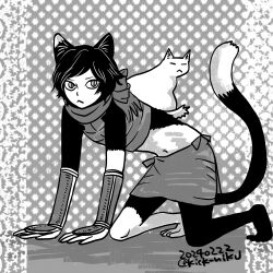 Rule 34 | 1girl, animal, animal ears, animal on back, cat, cat ears, dungeon meshi, highres, izutsumi, scarf, short hair, skirt, tail