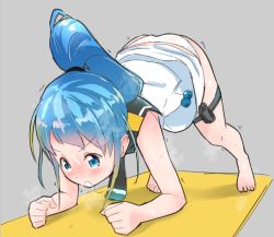 Rule 34 | 1girl, all fours, bare shoulders, barefoot, black neckwear, black sailor collar, blonde hair, blue eyes, blue hair, blush, breath, clenched hands, commentary request, female focus, full body, gradient hair, grey background, hair tie, high ponytail, kantai collection, long hair, multicolored hair, nose blush, open mouth, panties, ponytail, ring fit adventure, sailor collar, samidare (kancolle), school uniform, see-through, serafuku, shiny skin, shirt, simple background, sleeveless, sleeveless shirt, solo, steaming body, sweat, teeth, thigh strap, underwear, v-shaped eyebrows, white panties, white serafuku, yokoshima (euphoria)