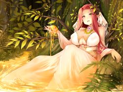 Rule 34 | 1girl, breasts, cleavage, dress, highres, jewelry, large breasts, long hair, necklace, original, pointy ears, red hair, sleeveless, solo, underboob, usuki (graygreed), yellow eyes