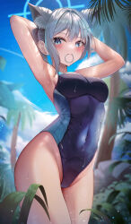 Rule 34 | 1girl, absurdres, animal ear fluff, animal ears, armpits, arms behind head, arms up, blue archive, blue eyes, blue sky, blush, breasts, closed mouth, cloud, cowboy shot, cross hair ornament, day, grey hair, hair ornament, hair tie in mouth, halo, highleg, highleg swimsuit, highres, leaf, li se, medium breasts, mismatched pupils, mouth hold, one-piece swimsuit, outdoors, palm tree, shiroko (blue archive), shiroko (swimsuit) (blue archive), short ponytail, sky, solo, swimsuit, thighs, tree, wet, wolf ears
