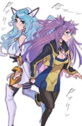 2girls, alternate hairstyle, back-to-back, bangs, blue eyes, blue hair, blue nails, boots, breasts, cleavage cutout, clenched hands, clothing cutout, commission, cosplay, cosplay request, crossover, erect nipples, glasses, gradient hair, highres, kos-mos, kos-mos (cosplay), large breasts, looking at viewer, medium breasts, melody (projektmelody), multicolored hair, multiple girls, nail polish, open hand, pink hair, projektmelody, round eyewear, silvervale, streaked hair, teasugarr, thigh boots, thighhighs, two side up, underboob, virtual youtuber, vshojo, white background, xenosaga