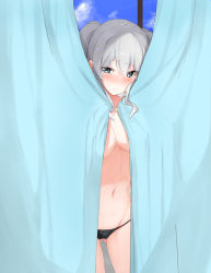 Rule 34 | 1girl, alternate costume, bikini, bikini bottom only, black bikini, blue eyes, blue sky, blush, breasts, closed mouth, covering privates, covering breasts, curtains, day, embarrassed, grey hair, hair between eyes, highres, inushi, kantai collection, kashima (kancolle), large breasts, long hair, looking at viewer, sidelocks, sky, solo, swimsuit, tears, topless, twintails, window
