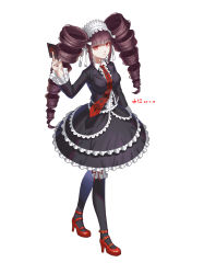 Rule 34 | 1girl, between fingers, black hair, black nails, black thighhighs, bonnet, card, celestia ludenberg, commentary request, danganronpa: trigger happy havoc, danganronpa (series), dated, drill hair, frills, gothic lolita, hairband, highres, holding, holding card, lolita fashion, long hair, looking at viewer, nail polish, necktie, red eyes, red necktie, shui qian he kafei, simple background, smile, solo, thighhighs, twin drills, twintails, very long hair, white background