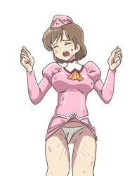 Rule 34 | 1girl, agent aika, aika (series), arms up, ascot, blush, breasts, brown hair, censored, clothing aside, delmo, delmogeny uniform, dirty, dirty clothes, dirty face, closed eyes, female ejaculation, garrison cap, hand in panties, hat, jacket, juliet sleeves, kuroyoshi, long sleeves, medium breasts, open mouth, orange ascot, orgasm, panties, panties aside, pencil skirt, pink delmo, pink jacket, pink skirt, puffy sleeves, pussy juice, short hair, silhouette, skirt, solo, standing, underwear, uniform, vivian (agent aika), white background, white panties