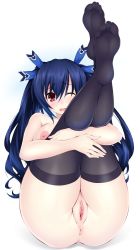 Rule 34 | 1girl, anus, black thighhighs, blue-senpai, blue hair, bow, breasts, feet, hair bow, highres, large breasts, neptune (series), nipples, noire (neptunia), nude, one eye closed, pussy, red eyes, thighhighs, twintails, uncensored, wince