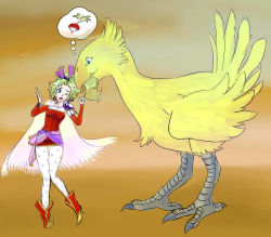 Rule 34 | 1990s (style), 1girl, bird, blue eyes, cape, chocobo, earrings, final fantasy, final fantasy vi, green hair, jewelry, long hair, open mouth, patterned legwear, ponytail, radish, thought bubble, tina branford, wince