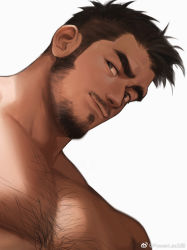 Rule 34 | 1boy, bara, beard, black hair, chest hair, come hither, completely nude, facial hair, goatee, hairy, highres, large pectorals, leg hair, long sideburns, looking at viewer, male focus, mature male, muscular, muscular male, nude, original, pectorals, portrait, powerlesssong, seductive smile, short hair, sideburns, smile, solo, thick eyebrows