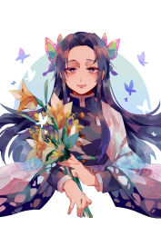 Rule 34 | 1girl, absurdres, black jacket, blue background, bouquet, bug, butterfly, butterfly hair ornament, chinese commentary, commentary request, flower, gakuran, hair ornament, haori, highres, holding, holding bouquet, insect, jacket, japanese clothes, kimetsu no yaiba, kochou kanae, light smile, long hair, long sleeves, looking at viewer, mogutofuoes, parted lips, purple butterfly, purple eyes, purple hair, school uniform, solo, two-tone background, upper body, white background, yellow flower
