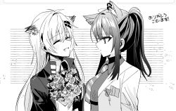 Rule 34 | 2girls, :d, ^ ^, animal ear fluff, animal ears, arknights, bad id, bad pixiv id, blush, bouquet, chihuri, closed eyes, closed mouth, collared shirt, diagonal-striped clothes, diagonal-striped necktie, diagonal-striped neckwear, ear piercing, facing another, fang, flower, greyscale, hair between eyes, hair ornament, hairclip, highres, jacket, lappland (arknights), long hair, looking at another, monochrome, multiple girls, necktie, open clothes, open jacket, open mouth, piercing, ponytail, rose, shirt, smile, striped clothes, striped neckwear, texas (arknights), translation request, upper body, very long hair, white background