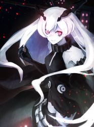 Rule 34 | 10s, 1girl, abyssal ship, anchorage oni, bad id, bad pixiv id, bags under eyes, collar, colored skin, commentary request, dress, elbow gloves, embers, gloves, grin, halter dress, halterneck, horns, kantai collection, long hair, looking at viewer, no eyebrows, red eyes, smile, solo, torn clothes, torn dress, weasel (close-to-the-edge), white hair, white skin