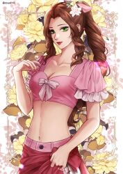 Rule 34 | 1girl, aerith gainsborough, bow, breasts, brown hair, cleavage, collarbone, commentary, crop top, etroveria, final fantasy, final fantasy vii, final fantasy vii remake, flower, forehead, green eyes, highres, lipstick, long hair, looking at viewer, makeup, midriff, nail polish, navel, pink bow, pink shirt, ponytail, red lips, shirt, sidelocks, small breasts, smile, solo, stomach, very long hair, yellow flower