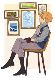 Rule 34 | 1boy, ascot, bird, blonde hair, boots, chair, closed eyes, closed mouth, crossed legs, drawing (object), framed, from side, gloves, highres, male focus, mulso, one piece, outside border, picture frame, sabo (one piece), scar, scar on face, sitting, sleeves rolled up, solo, white bird