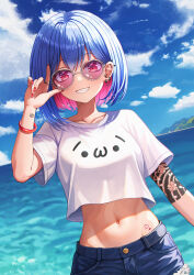 Rule 34 | 1girl, abs, absurdres, adjusting eyewear, arm tattoo, bangle, blue hair, blue sky, blush, bracelet, breasts, cloud, collarbone, colored inner hair, crop top, crop top overhang, day, denim, denim shorts, dutch angle, hand on eyewear, hand up, harupuri913, heart, heart tattoo, highres, jewelry, looking at viewer, medium breasts, midriff, multicolored hair, navel, ocean, original, outdoors, pink-tinted eyewear, pink hair, red eyes, red nails, ring, shirt, short hair, short sleeves, shorts, sky, smile, solo, spiked ear piercing, stomach, stomach tattoo, tattoo, teeth, tinted eyewear, two-tone hair, white shirt