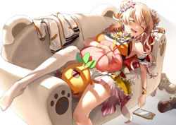 Rule 34 | 1girl, arm garter, blonde hair, blush, breasts, cellphone, commentary request, couch, double bun, dress, drooling, closed eyes, flower, foot out of frame, frilled dress, frills, gradient hair, hair between eyes, hair bun, hair flower, hair ornament, highres, hololive, jacket, unworn jacket, kito koruta, long hair, lying, medium breasts, momosuzu nene, multicolored hair, nekko (momosuzu nene), official alternate costume, on back, open mouth, orange dress, partially undressed, phone, pillow, pink hair, ribbon, saliva, shoes, unworn shoes, simple background, single thighhigh, sleeping, sleeveless, sleeveless dress, smartphone, smile, solo, stuffed toy, thighhighs, thighs, two-tone hair, two side up, virtual youtuber, white background, white jacket, white thighhighs, wrist ribbon