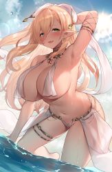 Rule 34 | 1girl, :d, all fours, armpits, bare shoulders, bikini, blonde hair, blue sky, blush, bracelet, breast curtains, breasts, choker, cleavage, collarbone, day, elf, green eyes, hair between eyes, highres, huge breasts, jewelry, long hair, looking at viewer, navel, necklace, open mouth, original, outdoors, pointy ears, revealing clothes, skindentation, sky, smile, solo, sora 72-iro, swimsuit, thigh strap, thighs, very long hair, wading, water, wet, white bikini