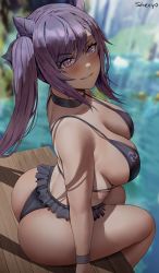 Rule 34 | 1girl, absurdres, arched back, artist name, ass, bikini, black bikini, blurry, blurry background, breasts, choker, frilled bikini, frills, from behind, genshin impact, grin, hair between eyes, highres, huge ass, keqing (genshin impact), large breasts, long hair, looking at viewer, looking up, parted lips, purple eyes, purple hair, shexyo, sitting, smile, soaking feet, solo, strap gap, swimsuit, thighs, twisted torso, water, watermark