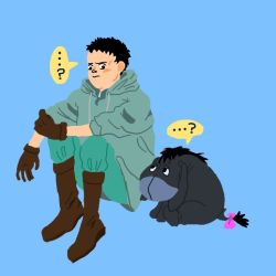 Rule 34 | ..., ...?, 2boys, ?, akira (manga), black hair, blue background, boots, bow, crossover, donkey, eeyore, eye contact, full body, gloves, green pants, knees up, looking at another, multiple boys, pants, pink bow, shima tetsuo, short hair, simple background, sitting, speech bubble, tagme, tail, tail bow, tail ornament, winnie the pooh