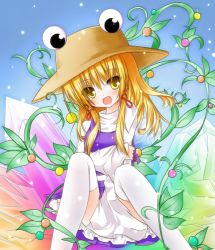 Rule 34 | 1girl, bad id, bad pixiv id, blonde hair, covering privates, covering crotch, crystal, female focus, hat, holding own arm, long hair, moriya suwako, open mouth, sitting, sleeves past wrists, smile, solo, thighhighs, touhou, white thighhighs, yellow eyes, yuuhagi (amaretto-no-natsu)