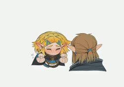 Rule 34 | 1boy, 1girl, black cape, blonde hair, blush, braid, cape, closed eyes, cropped torso, crown braid, ear blush, earrings, facing another, flying sweatdrops, hair ornament, hair tie, hairclip, highres, hood, hood down, hooded cape, jewelry, nintendo, parted bangs, pointy ears, princess zelda, shuo yue, simple background, the legend of zelda, the legend of zelda: tears of the kingdom, white background