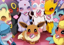 Rule 34 | 6+others, blush, condom, condom in mouth, condom wrapper, creatures (company), dagashi (daga2626), eevee, embarrassed, espeon, evolutionary line, fangs, fins, flareon, forehead jewel, game freak, gen 1 pokemon, gen 2 pokemon, gen 4 pokemon, gen 6 pokemon, glaceon, head fins, heart, heart-shaped pupils, highres, jolteon, leafeon, looking at viewer, mouth hold, multiple others, nintendo, no humans, poke ball symbol, pokemon, pokemon (creature), smile, sylveon, symbol-shaped pupils, umbreon, vaporeon, wavy mouth