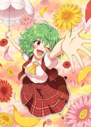Rule 34 | 1girl, ;d, arms up, ascot, breasts, female focus, flower, frilled skirt, frills, from above, full body, green hair, happy, holding, kazami yuuka, mary janes, medium breasts, mokku, one eye closed, open clothes, open hand, open mouth, open vest, perspective, petals, plaid, plaid skirt, plaid vest, reaching, red eyes, shirt, shoes, short hair, short sleeves, simple background, skirt, skirt set, smile, socks, solo, touhou, umbrella, vest, white socks, wink
