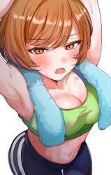 Rule 34 | 1girl, alternate costume, armpits, arms up, blush, breasts, brown eyes, brown hair, cleavage, collarbone, commentary request, cowboy shot, crop top, from above, green sports bra, green tank top, highres, looking at viewer, medium breasts, midriff, navel, open mouth, pants, persona, persona 4, satonaka chie, short hair, solo, sports bra, sportswear, sweat, sweatdrop, swept bangs, tank top, towel, towel around neck, white background, yoga pants, yuyuy 00