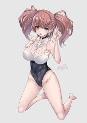 Rule 34 | 1girl, adapted costume, artist logo, atlanta (kancolle), barefoot, breasts, brown hair, casual one-piece swimsuit, commentary request, grey background, grey eyes, groin, highres, kantai collection, kneeling, kuga zankurou, large breasts, long hair, one-piece swimsuit, simple background, solo, swimsuit, twitter username, two side up