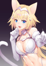 Rule 34 | 1girl, :d, animal ears, bare shoulders, bikini, blonde hair, blue eyes, blush, breasts, cat ears, chain, cleavage, collar, collarbone, dutch angle, elbow gloves, fang, fate/apocrypha, fate (series), foreshortening, glint, gloves, gradient background, grey background, hand up, headpiece, jeanne d&#039;arc (fate), jeanne d&#039;arc (ruler) (fate), kemonomimi mode, long hair, looking at viewer, motion blur, navel, onigiri-kun (demmy), open mouth, paw pose, shiny skin, smile, solo, stomach, swimsuit, unaligned breasts, upper body, very long hair, white bikini, white gloves