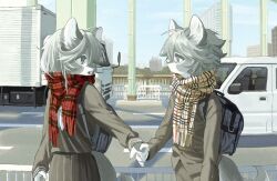 Rule 34 | 1boy, 1girl, animal ears, backpack, bag, building, car, cat boy, cat ears, cat girl, city, day, furry, furry female, furry male, grey hair, grey skirt, holding hands, looking at another, mayumochini, motor vehicle, original, outdoors, plaid, plaid scarf, pleated skirt, ponytail, profile, railing, road, scarf, short hair, skirt