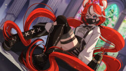 Rule 34 | 1girl, ahoge, animal ears, black-framed eyewear, black footwear, black hair, black shorts, blue eyes, boots, glasses, hakos baelz, hakos baelz (4th costume), highres, hiro (phese), hololive, hololive english, long hair, looking at viewer, mask, mouse ears, mouse girl, mouth mask, mr. squeaks (hakos baelz), multicolored hair, official alternate costume, open mouth, red hair, shirt, shorts, smile, solo, streaked hair, suspender shorts, suspenders, thigh boots, thigh strap, twintails, very long hair, virtual youtuber, white hair, white shirt