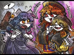 Rule 34 | !, +++, 3girls, animal ears, black dress, blonde hair, blue dress, blue hair, chinese clothes, crescent, dress, earrings, flat cap, floppy ears, hat, jewelry, junko (touhou), kine, long hair, long sleeves, mallet, multiple girls, multiple tails, open mouth, orange shirt, puffy sleeves, rabbit ears, rabbit tail, red eyes, ringo (touhou), sash, seiran (touhou), shirt, short hair, short sleeves, shorts, spoken exclamation mark, suenari (peace), tabard, tail, touhou, wide sleeves