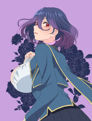 Rule 34 | 1girl, absurdres, blush, breasts, cardigan, cleavage, commentary, green cardigan, highres, kinsou no vermeil, large breasts, long sleeves, looking at viewer, neckerchief, parted lips, pawowe, purple hair, red eyes, school uniform, serafuku, shirt, short hair, solo, vermeil (kinsou no vermeil), white shirt